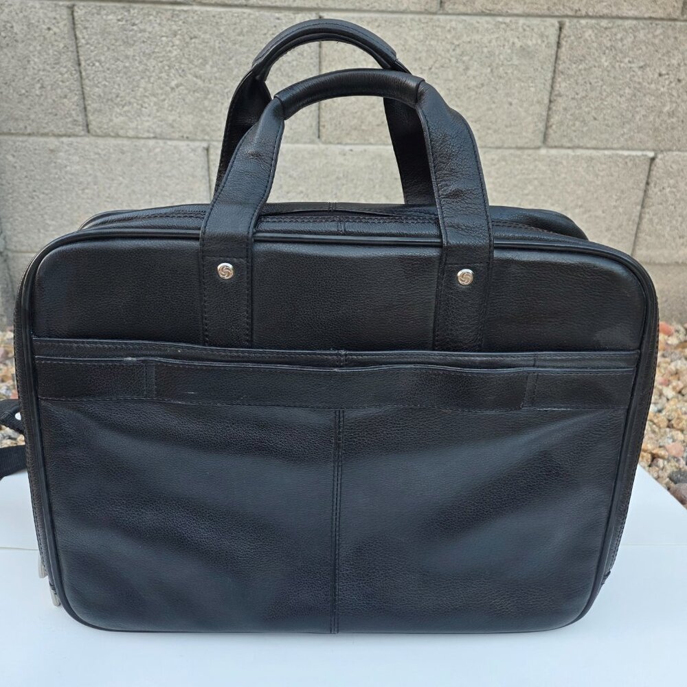 Samsonite LArge Black Leather Expandable Laptop Briefcase  With Strap - Picture 3 of 9